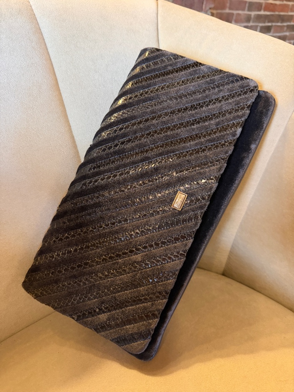 Black Quilted Velvet Clutch with Gold Accent
